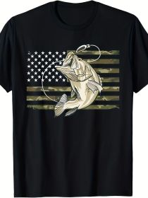 Fishing Camouflage American Flag Bass Fisherman Camouflage T-shirt (Color: Black, size: 4XL)